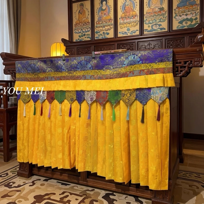 Buddhist Hall Arrangement Hanging Decoration,Tibetan-Style Yellow Satin Table Skirt Curtain,Prayer Flag Hanging Banner Curtain view 2