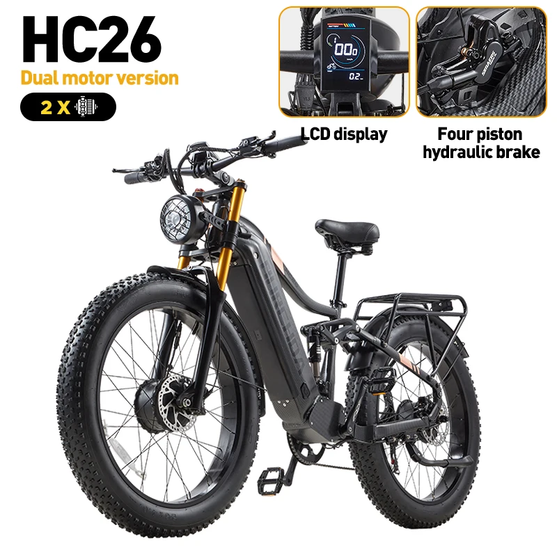 BURCHDA NEW HC26 Off-road Elektrische Fiets met Dubbele Motoren, 48V30AH Lithium Batterij, 26 Inch 4.0 Vetbanden, E-Bike Mountain Elektrische Fiets Motorfiets voor Volwassenen