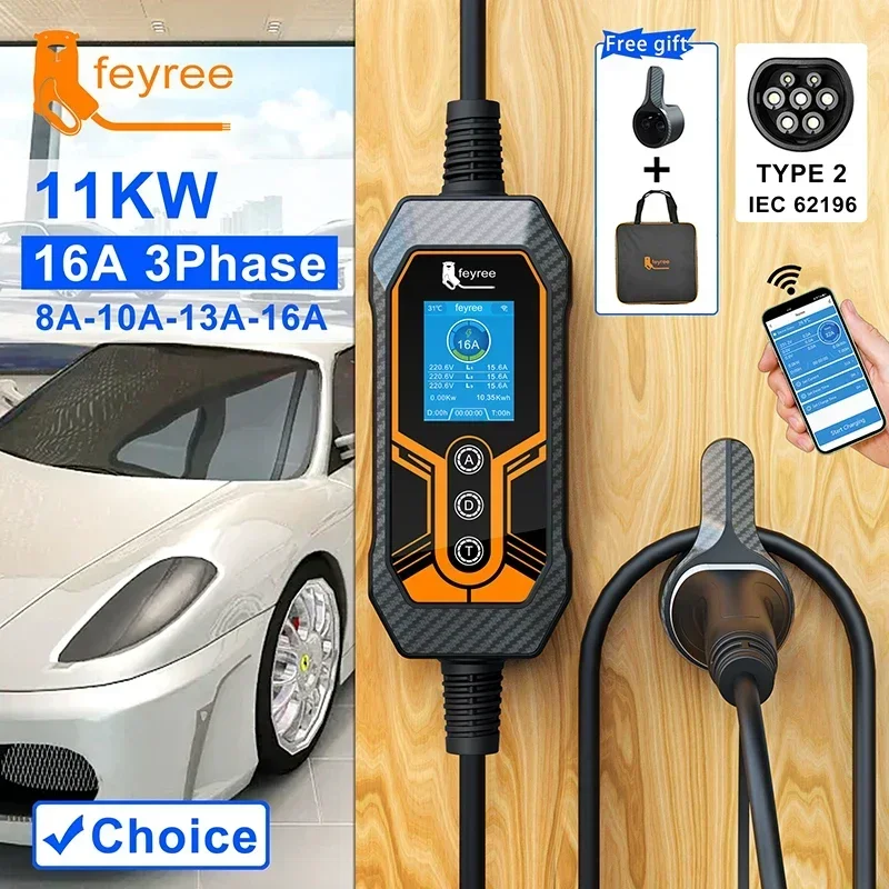 feyree 11KW 16A 3 Phase Tipo 2 Caricatore EV portatile Wi-Fi APP Versione Bluetooth Cavo di ricarica EVSE Spina CEE da 5 m per auto elettrica