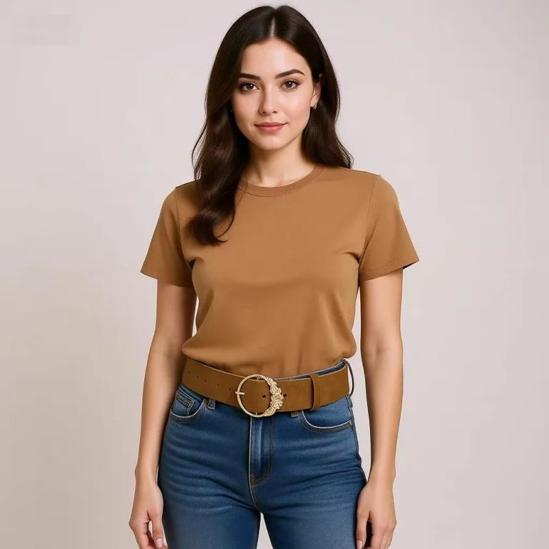 New Women's Flower Round Buckle Gold and Black Suede Belt, Cross-border Fashion Versatile Sweet Female Waistband