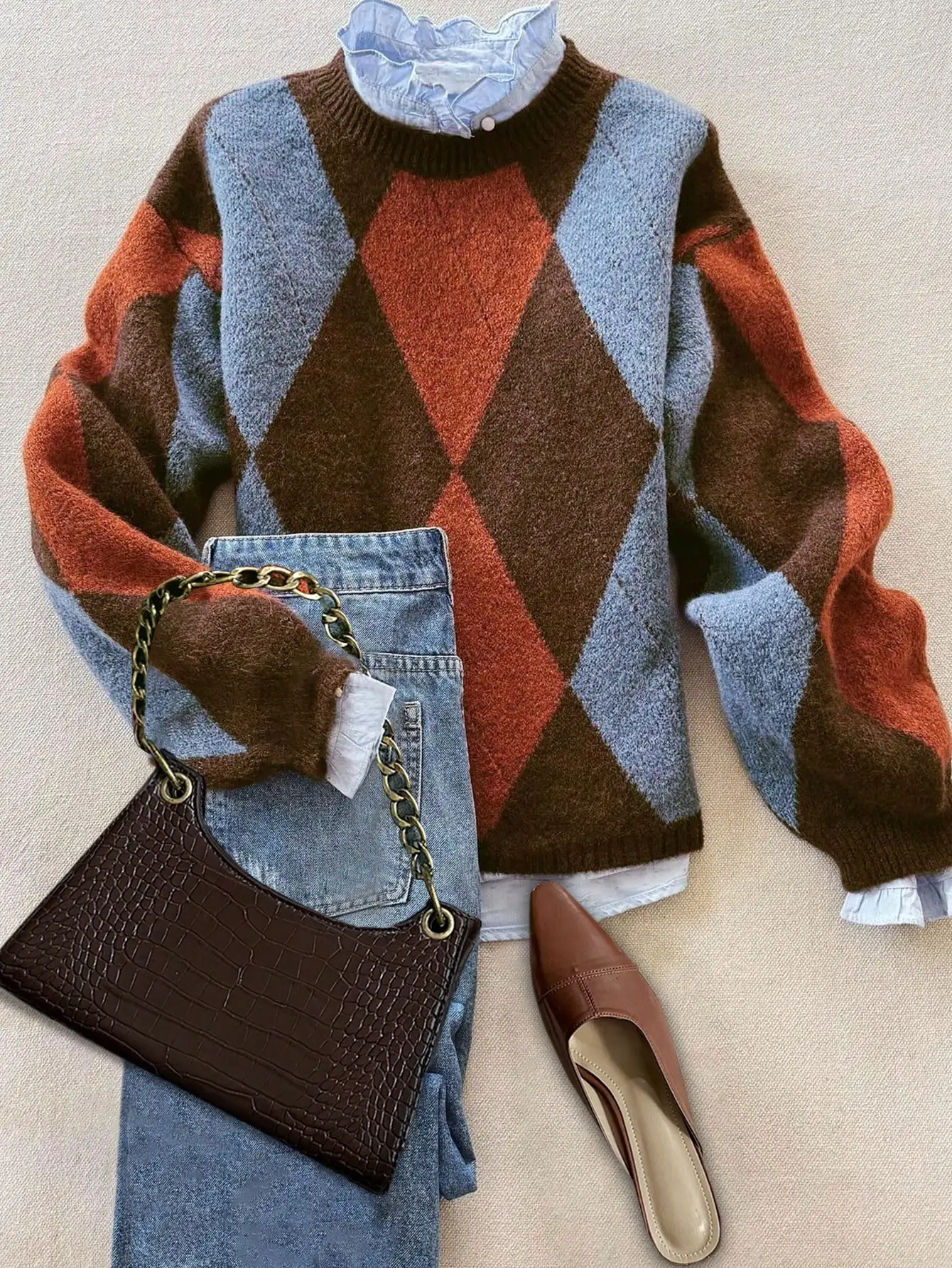 Autumn Winter Loose Knit Sweater with Diamond Pattern, Contrasting Colors, Round Neck & Long Sleeves