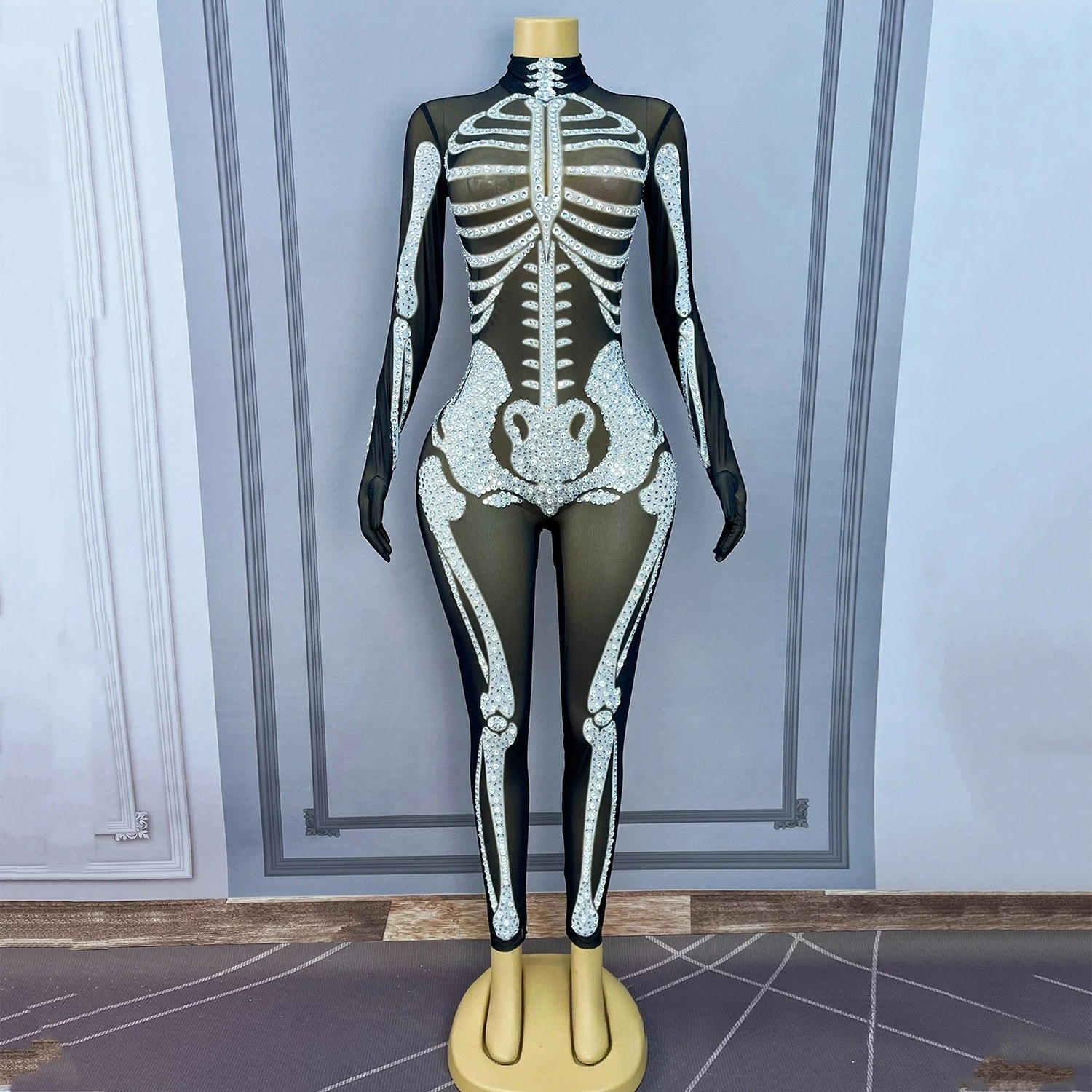 

Halloween Party Cosplay Costumes Bone Print Black Bodysuit Glitter Stage Performance Clothes Nightclub Gogo Dance Wear