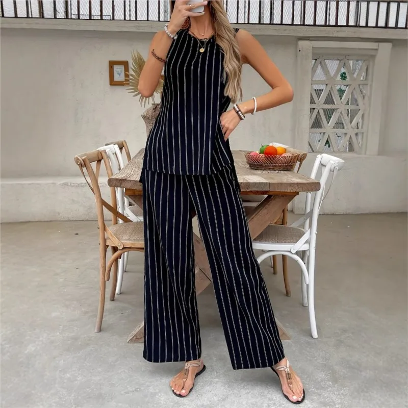 

Summer Classic Striped Print 2 Two Piece Set Women Casual Fashion Ladies Sleeveless Blouses Loose Wide Leg Woman Long Pant Sets