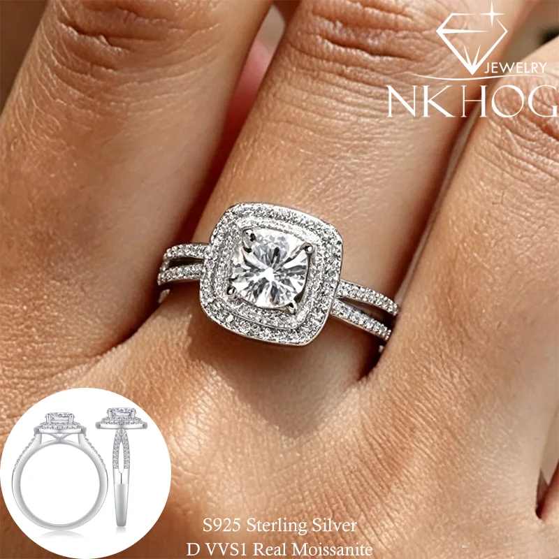 NKHOG 1CT Full Moissanite Rings For Women S925 Silver Halo Engagement Wedding Ring Split Shank Band Fine Jewelry Gifts Certified
