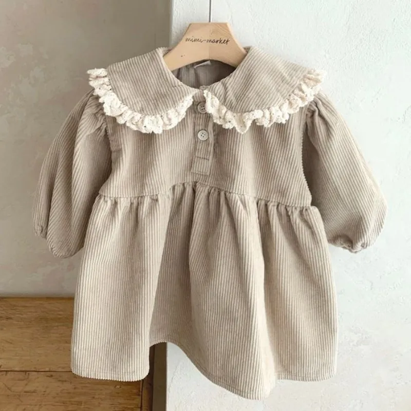 Baby girl solid color wick dress for spring and autumn children's versatile casual lace and lace doll collar dress