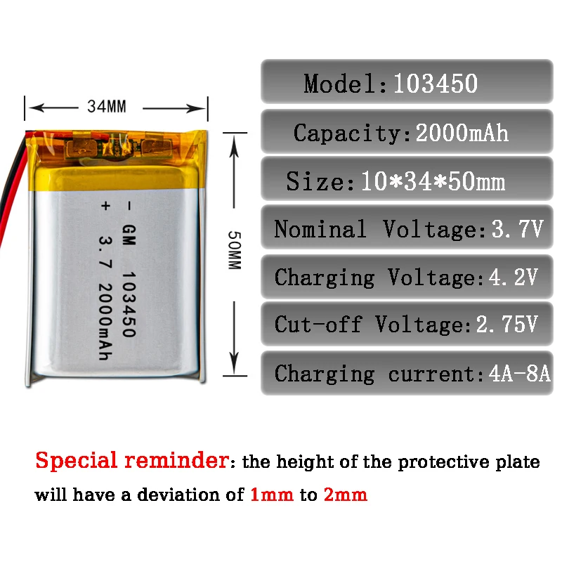 New 3.7V 2000mAh 103450 Rechargeable Polymer Batteries Lipo Li-Po For Toy Power Bank GPS Laptop Camping Lights Diy