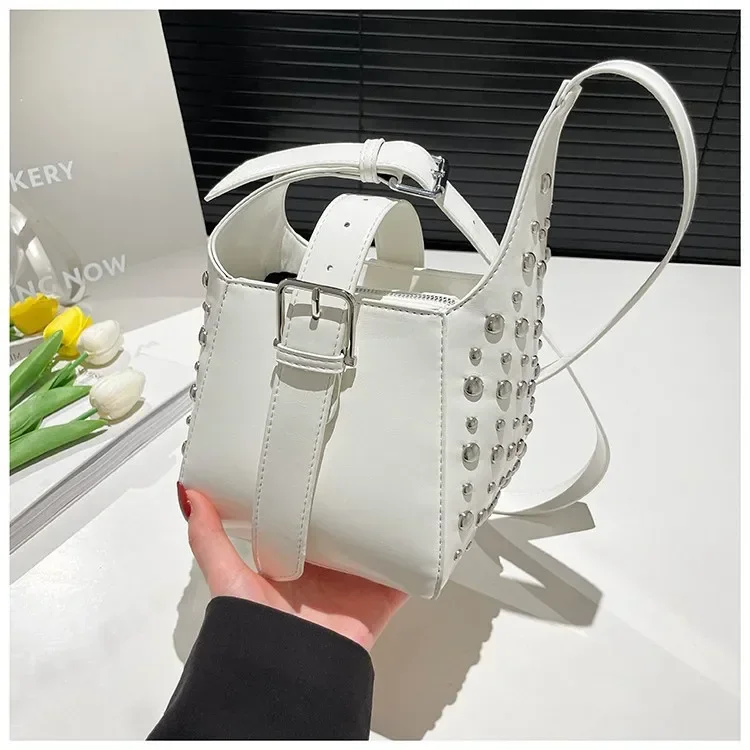 

Genuine Leather Rivet Bucket Bag - 2025 Sweet Cool Biker Style, Shoulder/Handheld Personalized