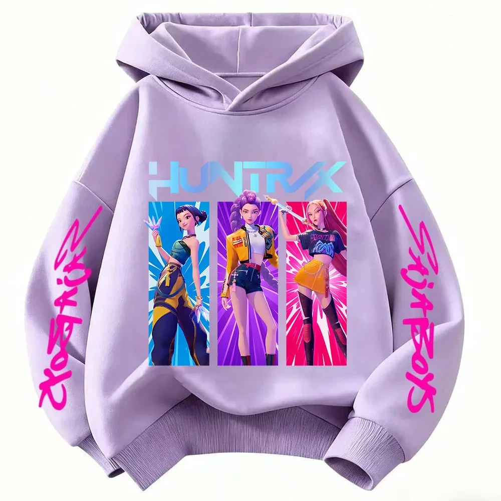 Niedlicher Cartoon-Hoodie für Jungen und Mädchen, Hunter Rumi Derpy, warm und dick, modisches Freizeit-Oberteil, bedrucktes lila Sweatshirt
