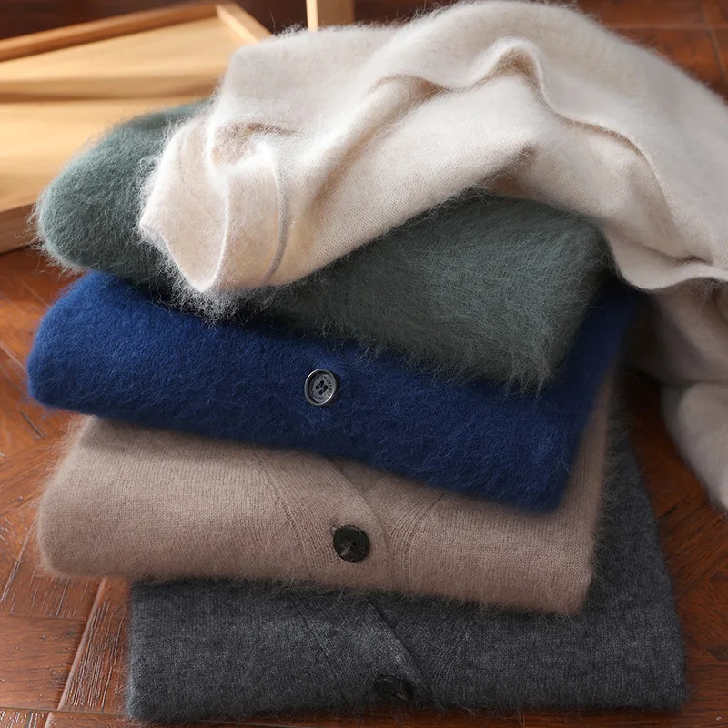 Maglione di cashmere visone di fascia alta da uomo in lana da lavoro per il tempo libero tinta unita cardigan in maglia con scollo a V cappotto maglione autunno e inverno