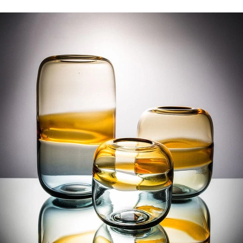 Gradient Amber Colored Glass Vase Hydroponic Flower Pot Desk Decoration Artificial Decorative Floral Arrangement