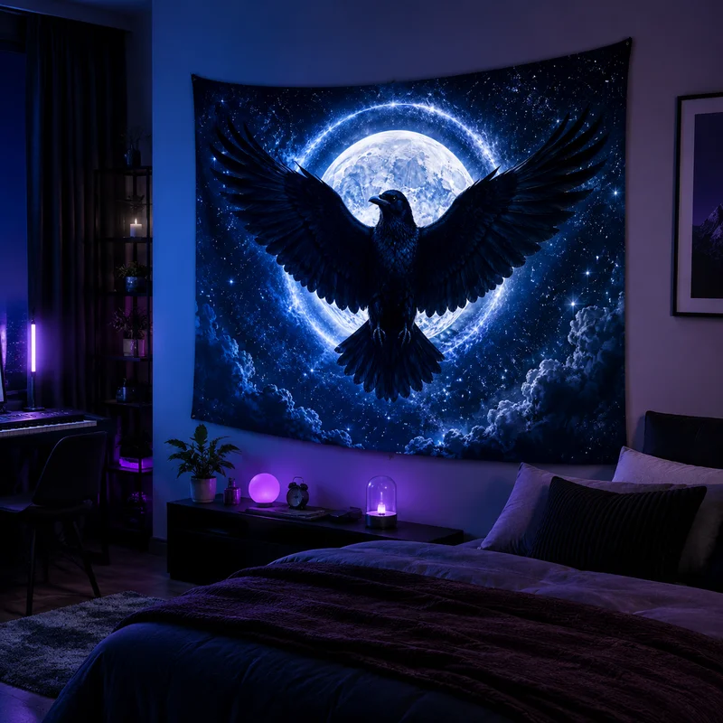 VIKAMA Gothic Full Moon Tapestry, Harvest Full Moon with Ravens and Bats Wall Hanging, Halloween Art Tapestry, Home Decor