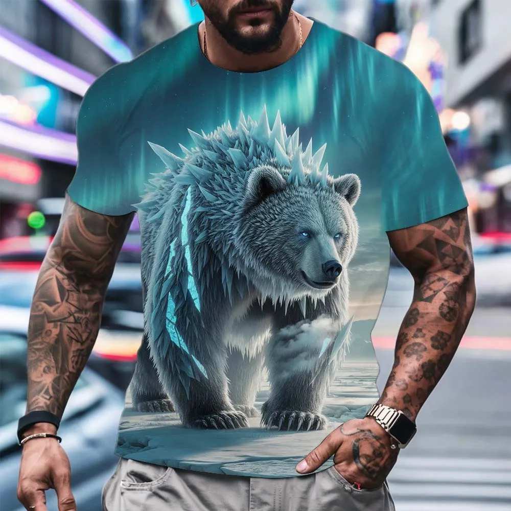 Funny Polar Bear Printed Men's T Shirt Casual O-neck Oversized T-shirts Fashion 3D Animal Pattern Short Sleeve Tops Men Clothing