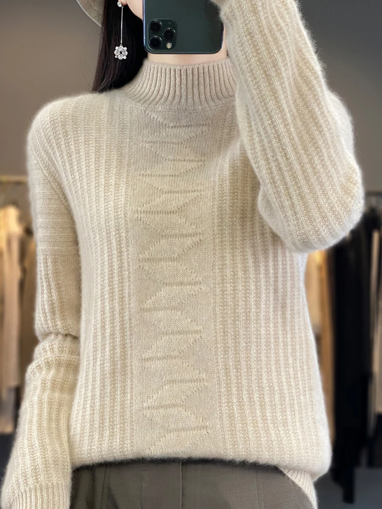 Women Pullover Thick Cashmere Sweater Autumn Winter 100% Merino Wool Knitwear Female Grace Mock Neck Soft Casual Loose New Tops