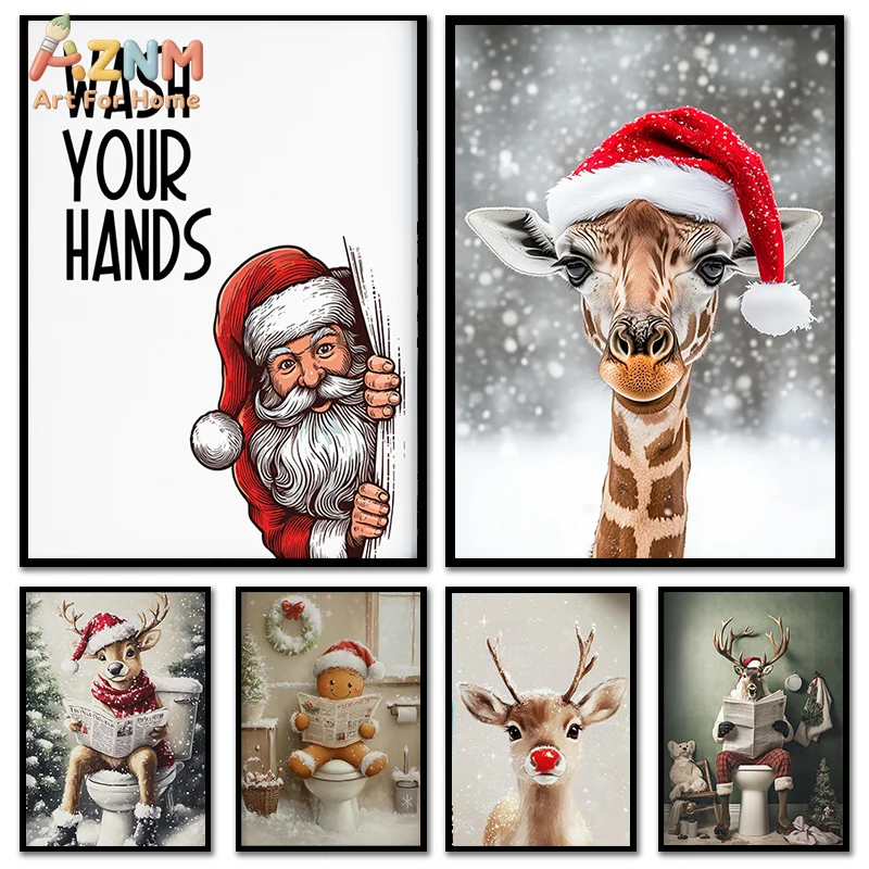 (2D canvas painting)  Funny Christmas Bathroom Wall Art Decor Deer Santa Claus Biscuits Print Posters  Holiday Decor Christma