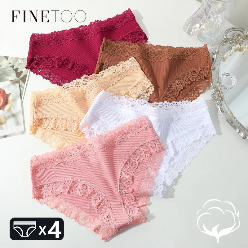 4PCS Spitze Blumen Unterwäsche Damen Baumwolle gerippte Höschen bequeme und atmungsaktive Low-Waist-Slips weibliche atmungsaktive weiche Unterwäsche