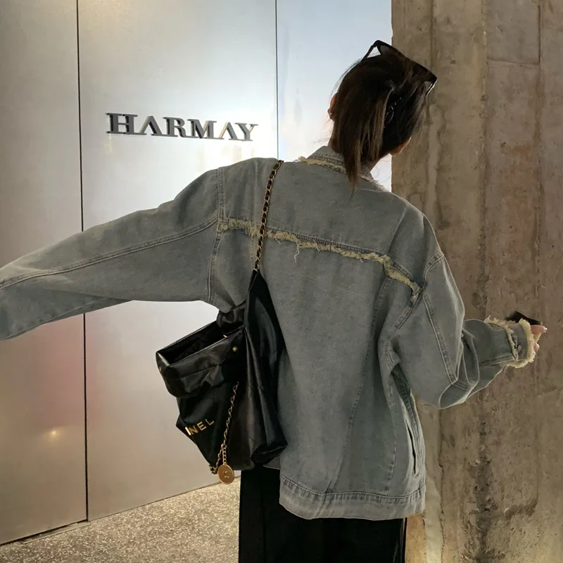 Damska kurtka dżinsowa w stylu retro, na wiosnę i jesień, luźna, uniwersalna, z postrzępionym dołem, oryginalny design, zapinana na zamek.