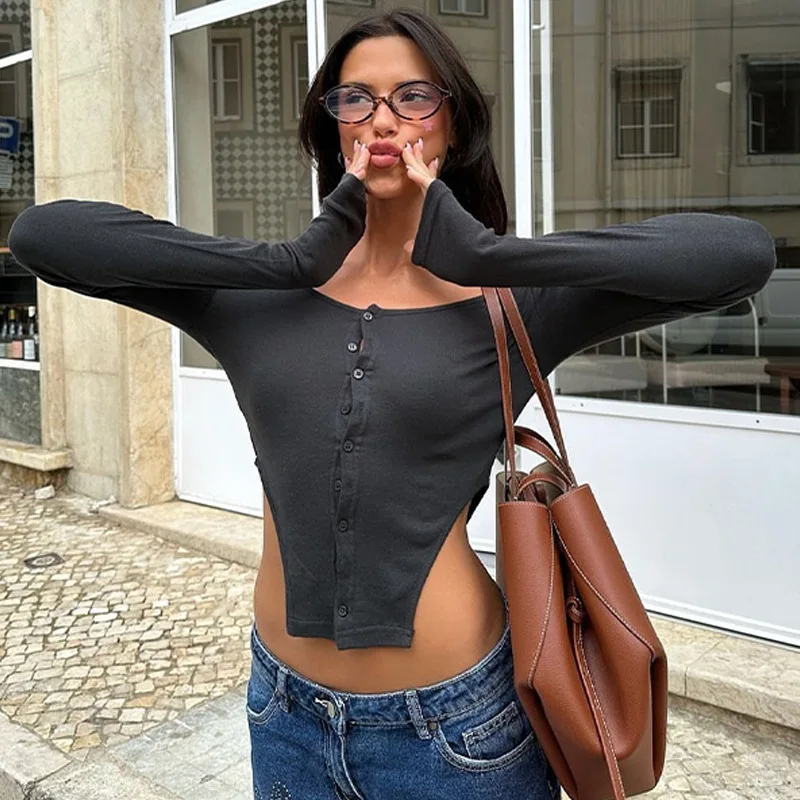 Lente geribbelde t-shirt vrouwen effen kleur sexy onregelmatige zoom manchetten vest crop top t-shirts streetwear button up bodycon tops