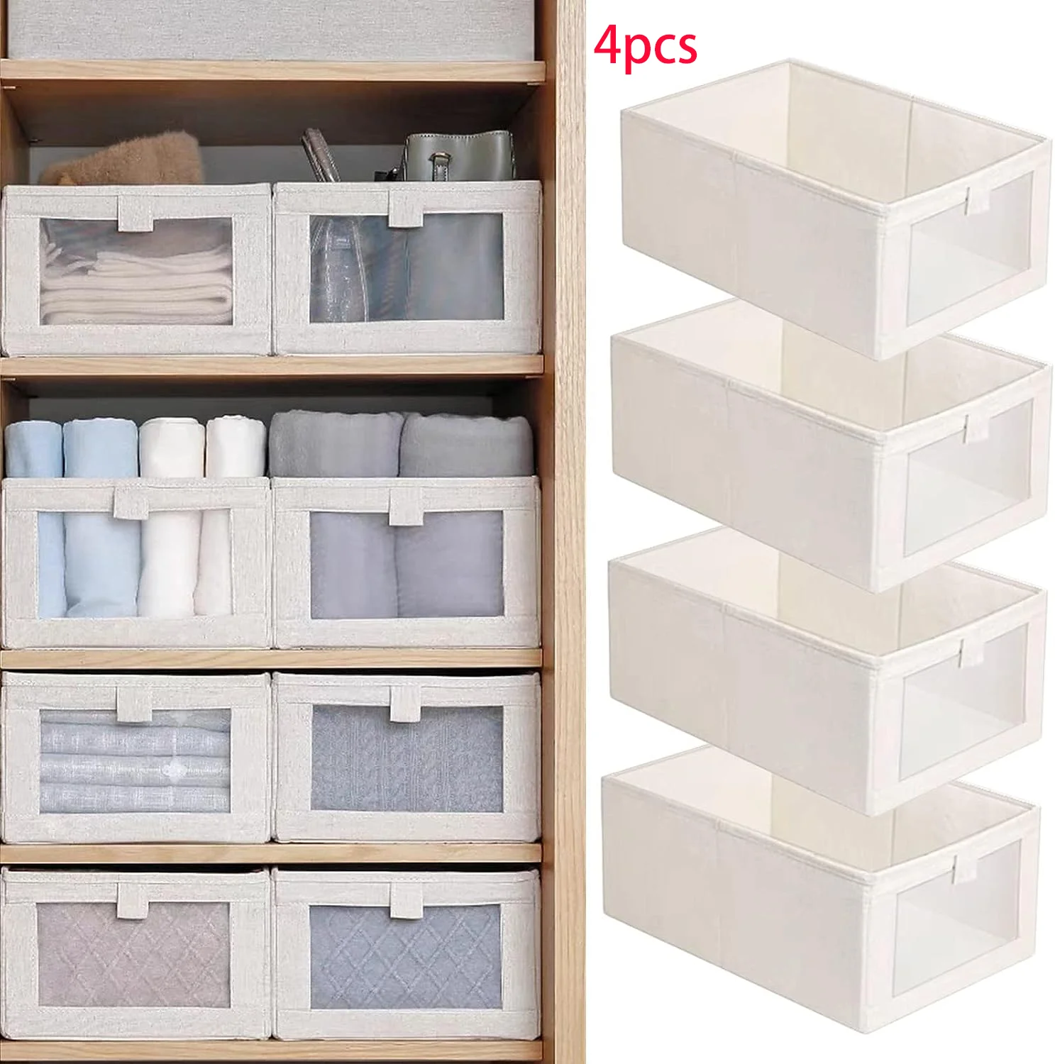 

4 pcs Cotton and linen clothes storage box visible window clothes storage bag foldable clothes underwear storage organization