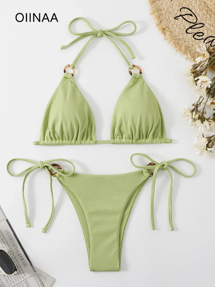 

OIINAA зеленый комплект бикини женский сексуальный купальник Холтер на шнуровке из двух частей с открытой спиной женский купальник для купания летняя модная пляжная одежда