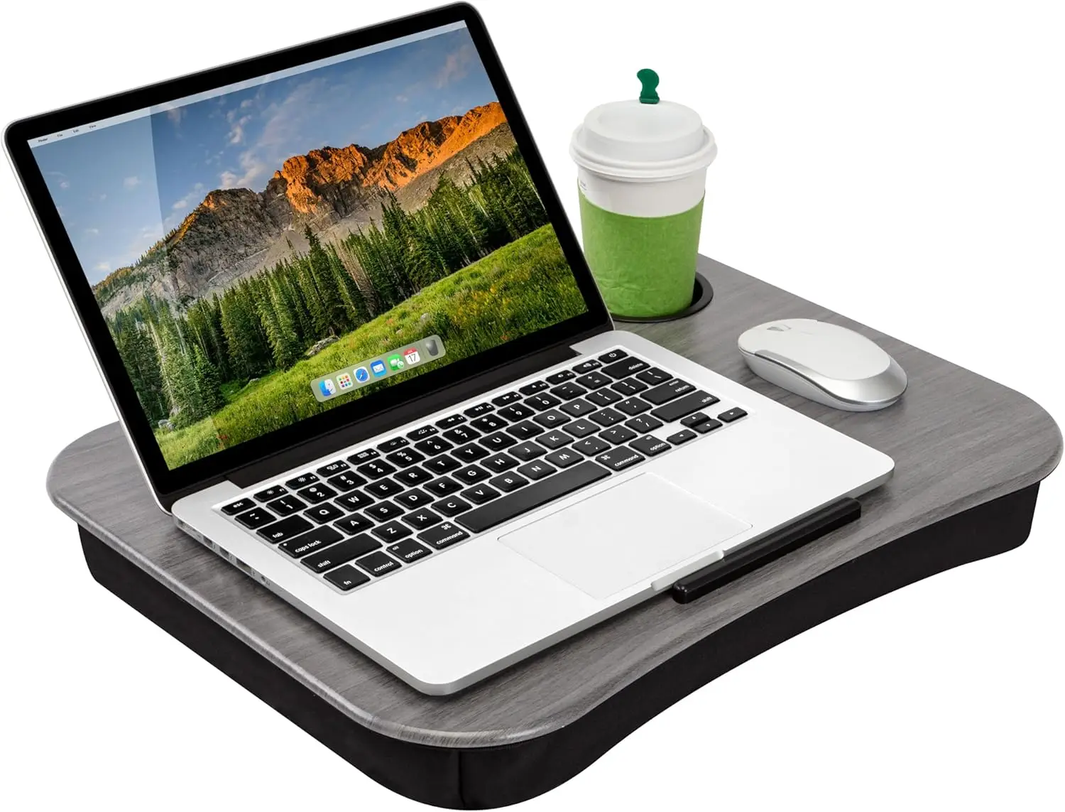 

Gray Woodgrain Lap Desk with Cup Holder and Device Ledge, Fits 14-Inch Laptops for Comfortable Use