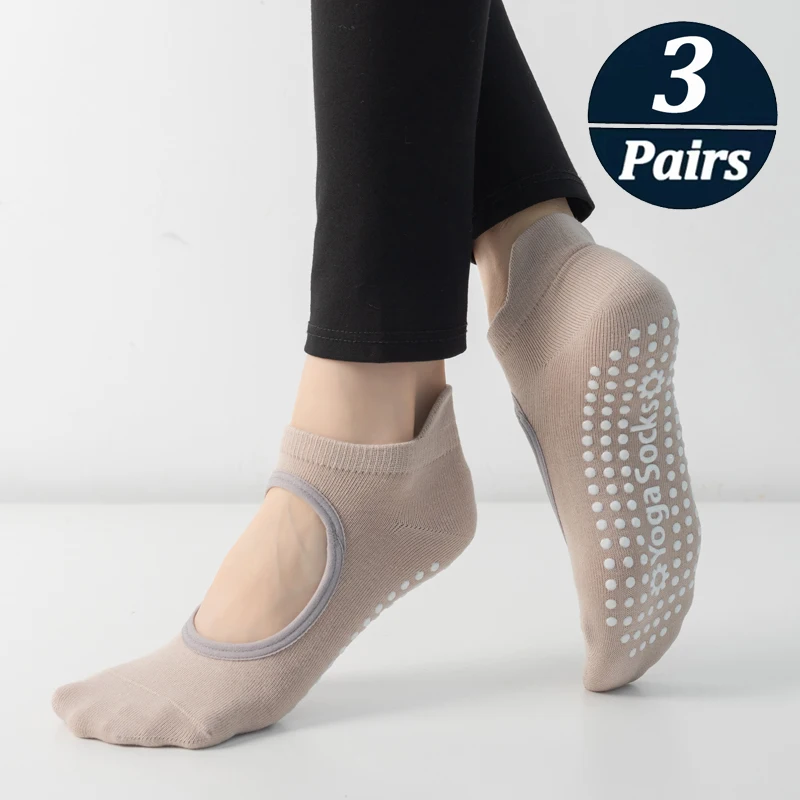 3Pairs Women Cotton Yoga Socks Silicone Non-slip Backless Pilates Socks with Grips for  Ladies Indoor Fitness Dance Ballet Socks