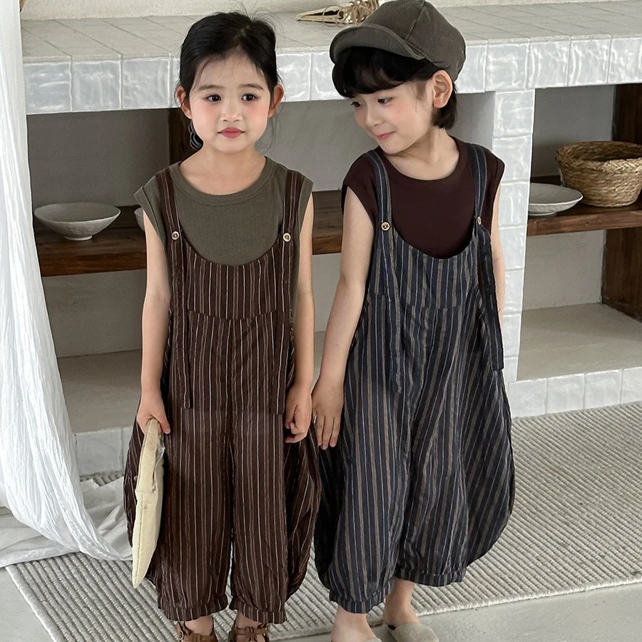 

Pants 2026 Spring and Summer New Children's Clothing Korean Style Boys and Girls Mori Retro Vertical Strap Pants Simple