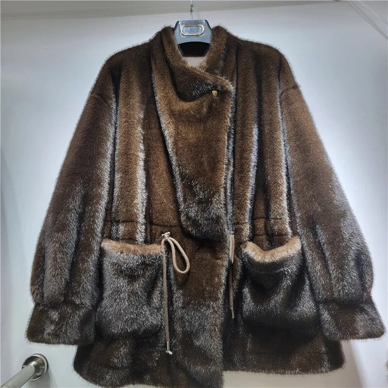 HKSH automne hiver nouveau manteau en fausse fourrure cordon taille-collant poches couleur unie pardessus de luxe élégant veste à la mode HK12969