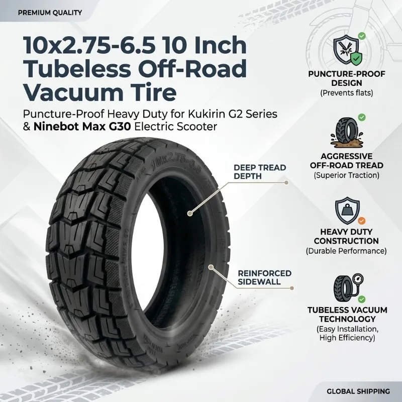 

Бескамерная внедорожная вакуумная шина 10x2.75-6.5 (10 дюймов) для электросамокатов Kukirin G2 и Ninebot Max G30, усиленная, с защитой от проколов