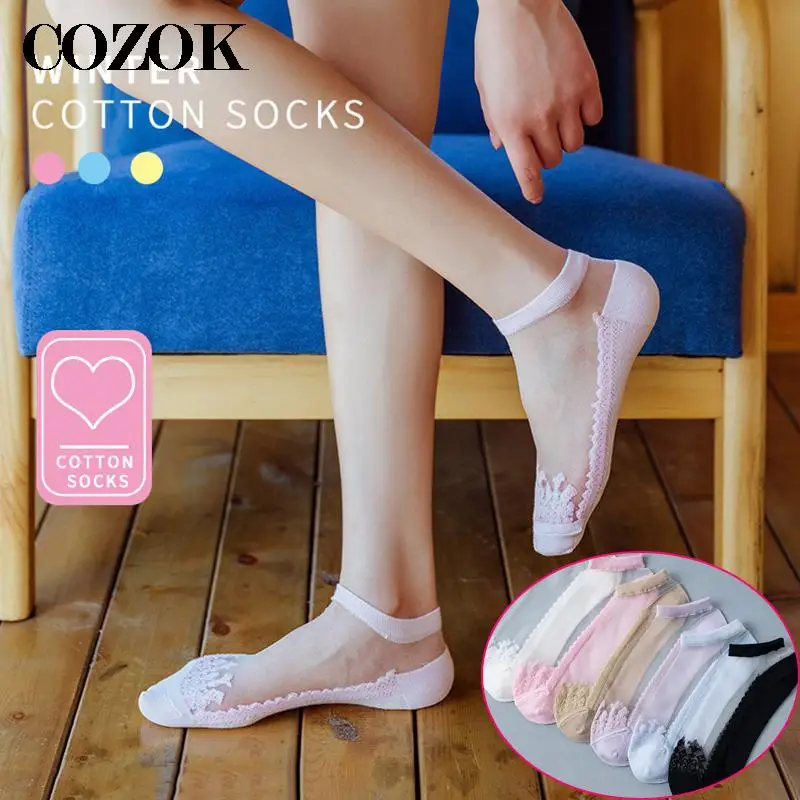 5 par skarpetek damskich Letnie kwiatowe koronkowe skarpetki do kostki Miękkie jedwabne cienkie przezroczyste wiosenne solidne Kawaii Śliczne oddychające skarpetki kapcie