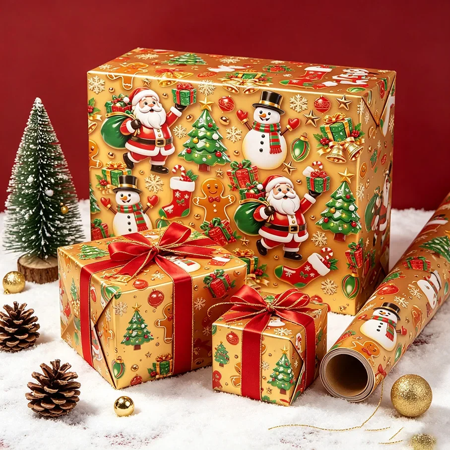 Christmas Gift Wrapping Paper Roll Vintage Xmas Tree Santa Pattern Festive Wrapping Paper for Holiday Presents Box Packaging