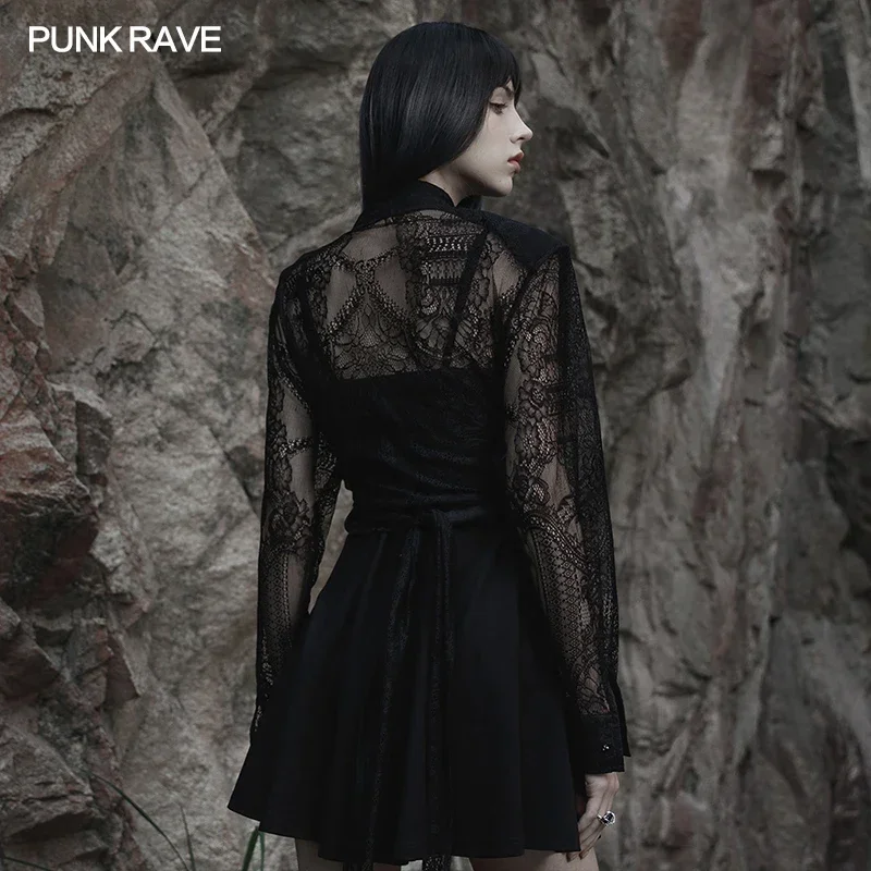 PUNK RAVE Women\'s Romantic Gothic Bandage Lace Shirt with Shoulder Pads Lolita Style Thin Jacquard Coat Spring Summer