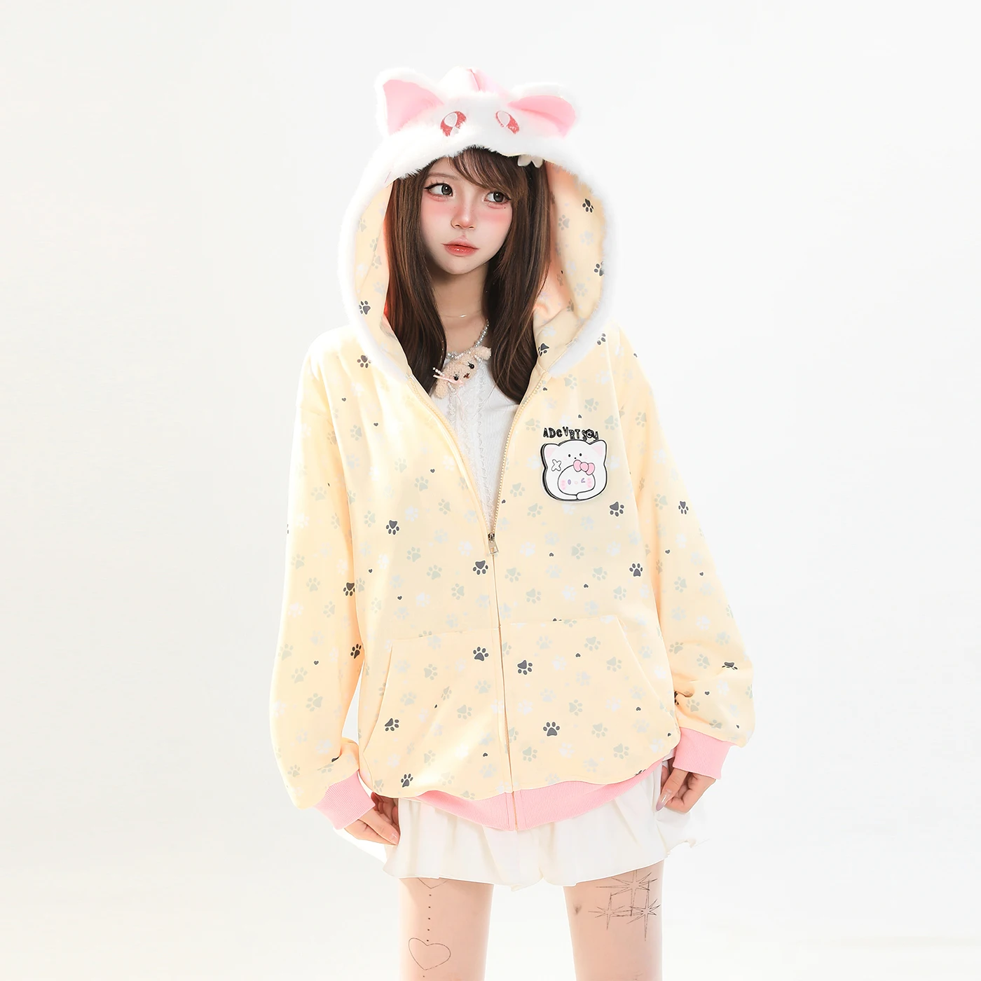 

Cute Ear Hoodie Women's Loose Fit Spring Lazy Design Slimming Versatile Open Cardigan Outerwear Warm Casual Sle Long Sl...
