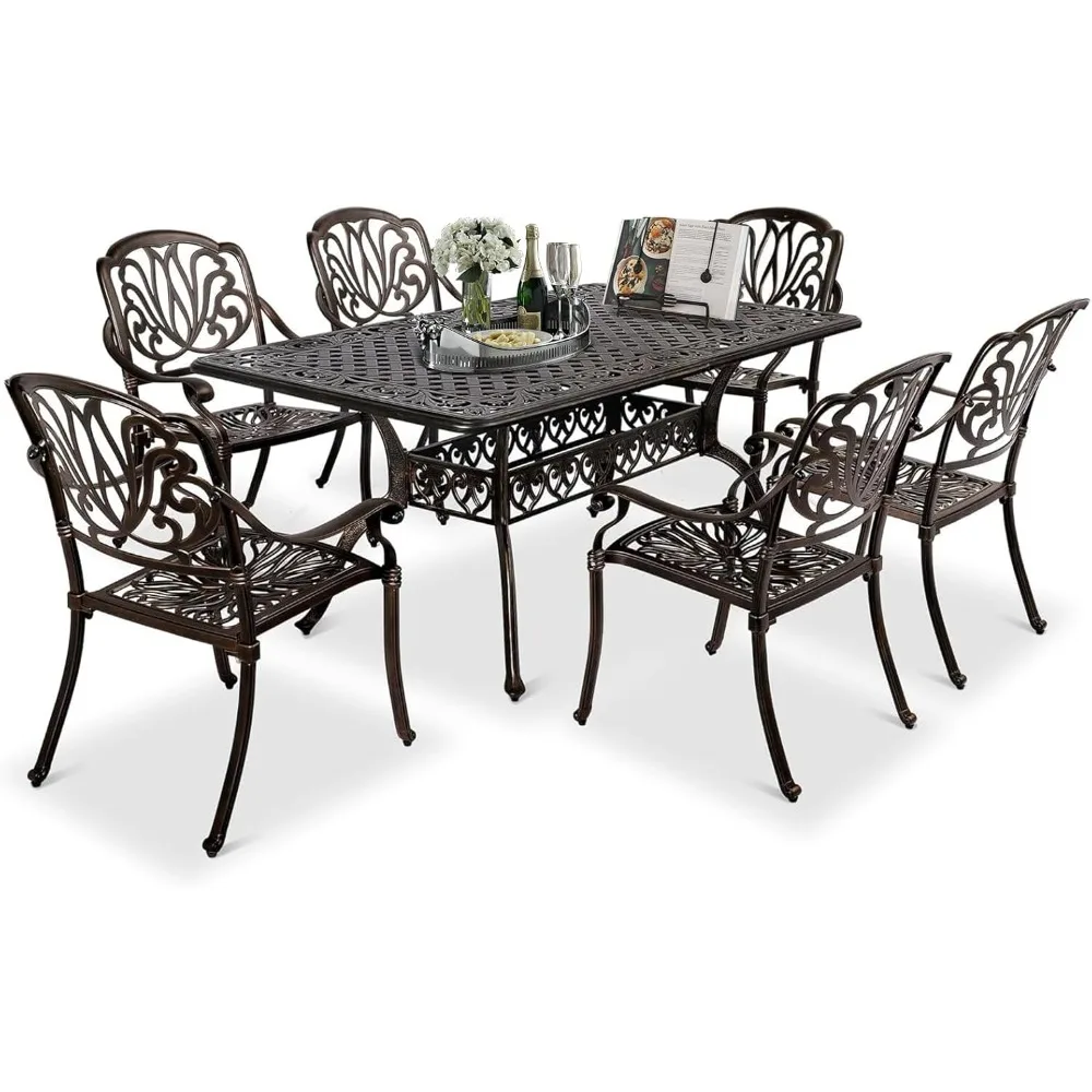 

7-Piece Outdoor Dining Set, Cast Aluminum Patio Furniture Set for 6 with Umbrella Hole, Rectangular Outdoor Dining Table & 6 St