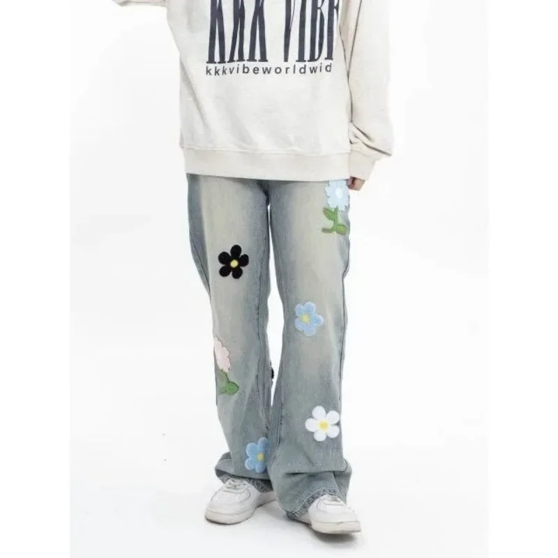 Retro Petal Embroidered Pattern Jeans Men Creative Spring/autumn Loose Fitting Straight Leg Wide Leg Washed High-quality Pants