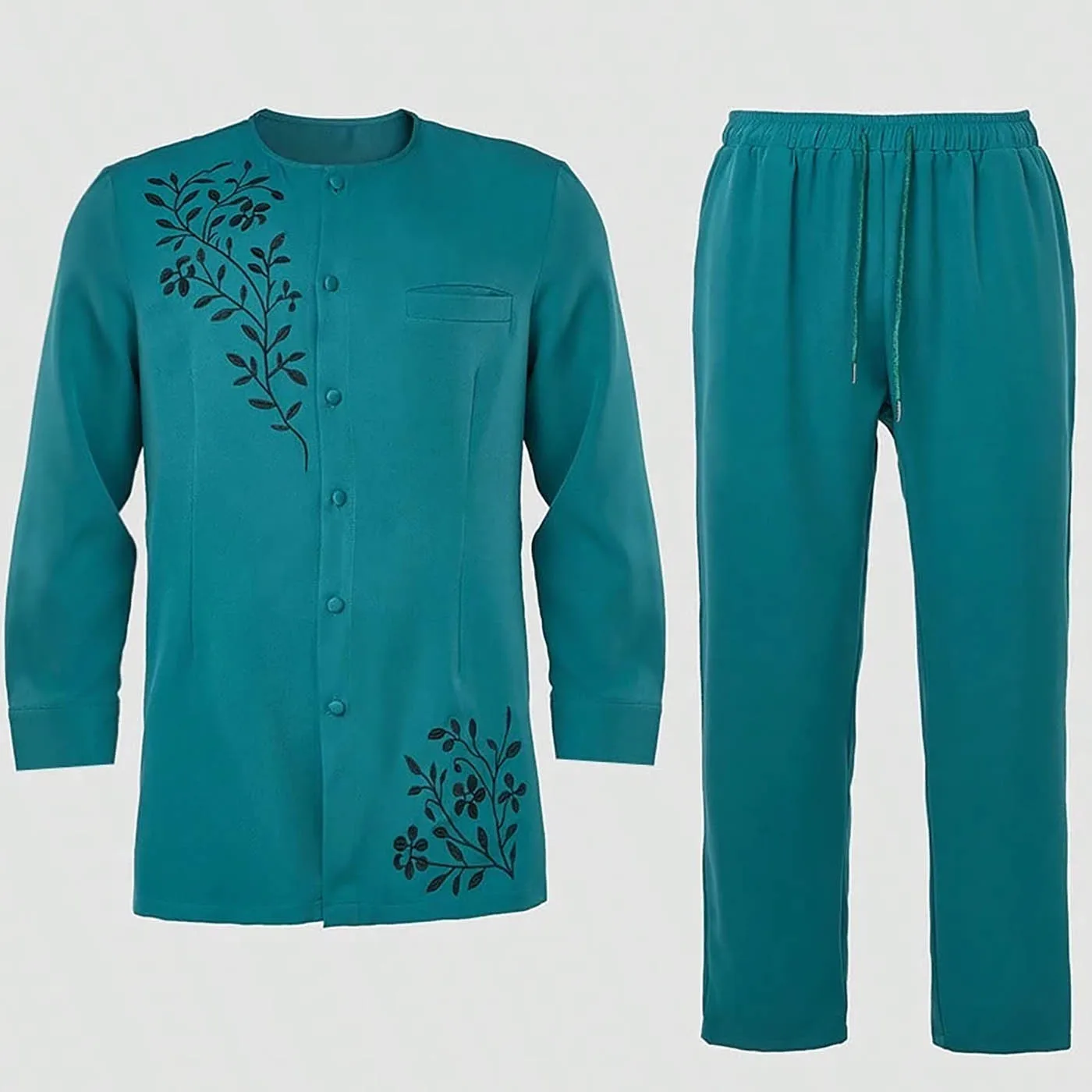 Conjunto de 2 Peças para Homens com Camisa de Manga Longa Bordada e Calças, Traje de Casamento Masculino, Vestuário Casual Étnico