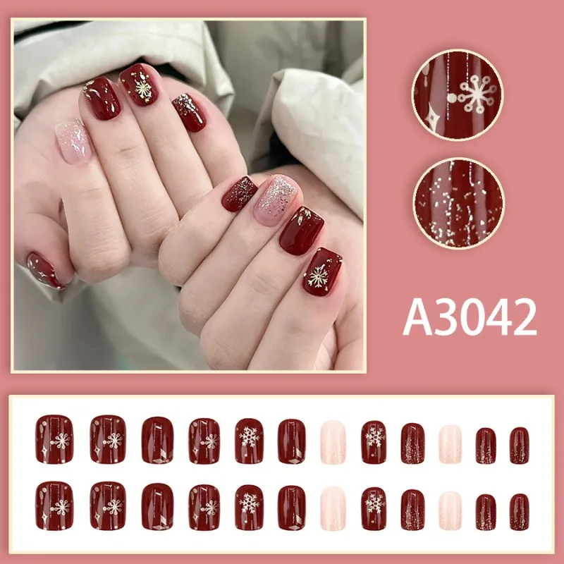 24 Pcs New Year Press on Nails for Gluing Red Gold Snowflake Autumn Winter Women's 2025 Manicure Set Sweets Acrylics Fake Nails