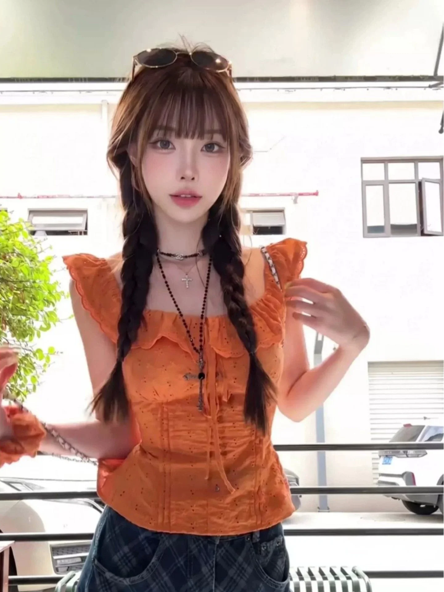 

Slim Fit Short Sleeve Shirt Women's Summer Fashion Orange Color Puff Sleeve High Waist Design Korean Style Casual Top