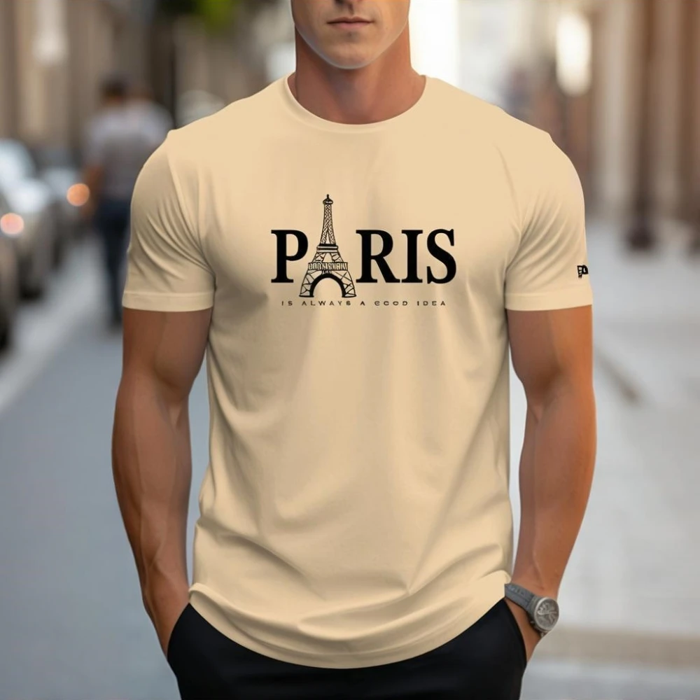 

Summer Men's T Shirt Short Sleeve Paris Pattern Print Casual O-Neck Oversized Pullover Fashion Streetwear Male Clothing T-Shirts