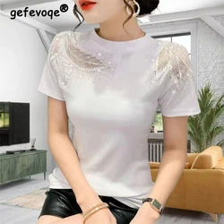 Women Clothing 2024Summer Korean Fashion Sexy Mesh Patchwork Rhinestone T-shirt Elegant Black White Short Sleeve Slim Basic Tops