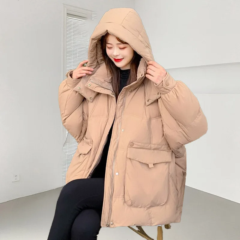 Short Down Coats for Women, Thick Loose Warm Hooded Outerwear, Simple Casual Jacket, Stylish Pocket, Snow Jackets, Winter