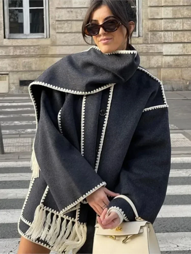 Abrigo holgado con bufanda para mujer, chaqueta de calle de manga larga con bolsillo y botonadura única, a la moda, otoño e invierno, 2024