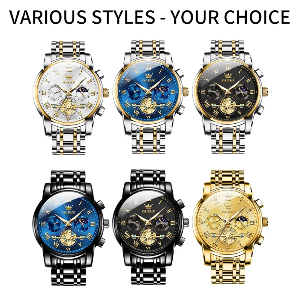 OLEVS Business Mens Watches Classic Roman Scale Dial Luxury Wrist Watch for Male Original Quartz Waterproof Luminous Chronograph