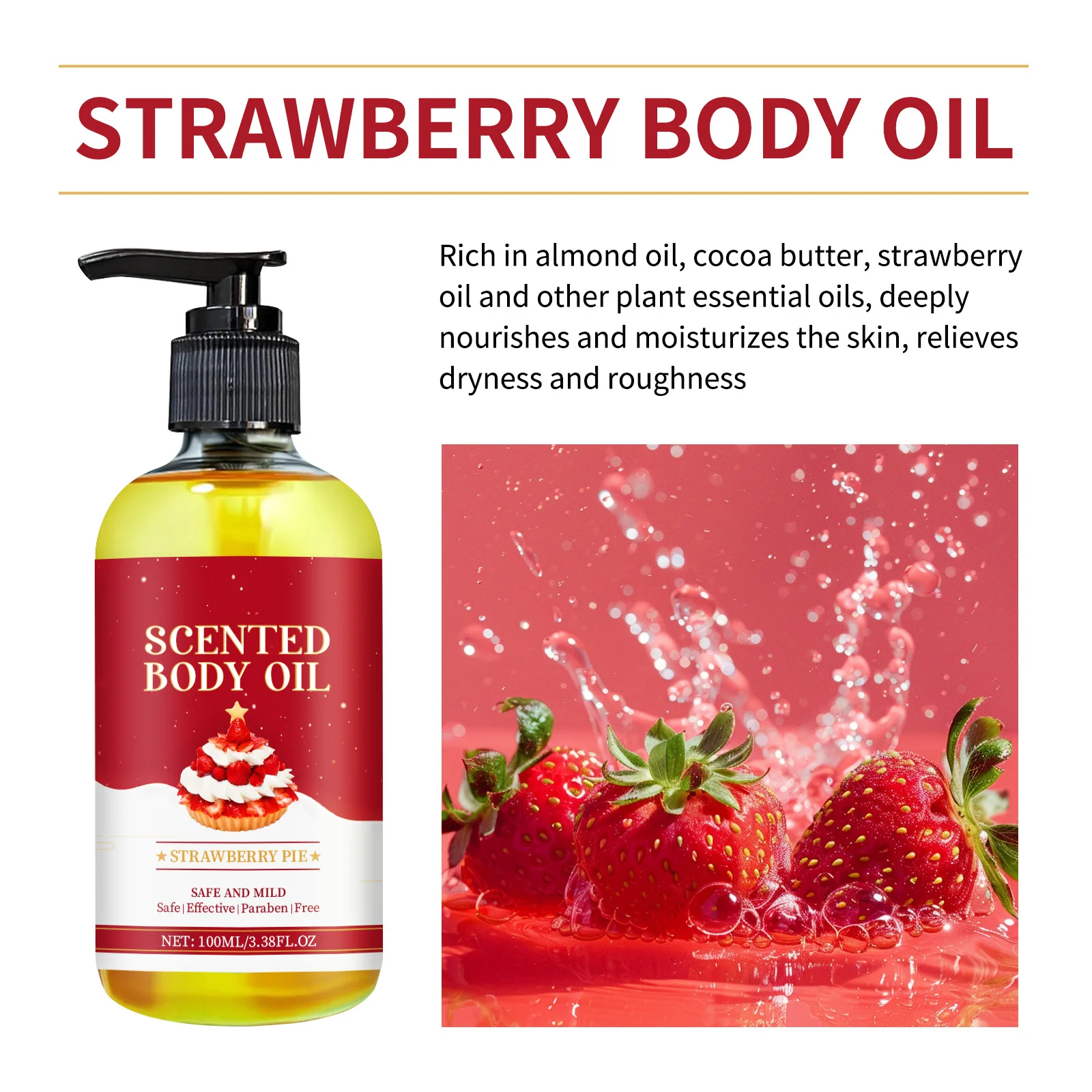 

100ml Strawberry Crispy Cake Body Oil Rich in Vitamin E Deep Moisturizing Smooth Skin Texture Delicate Skin