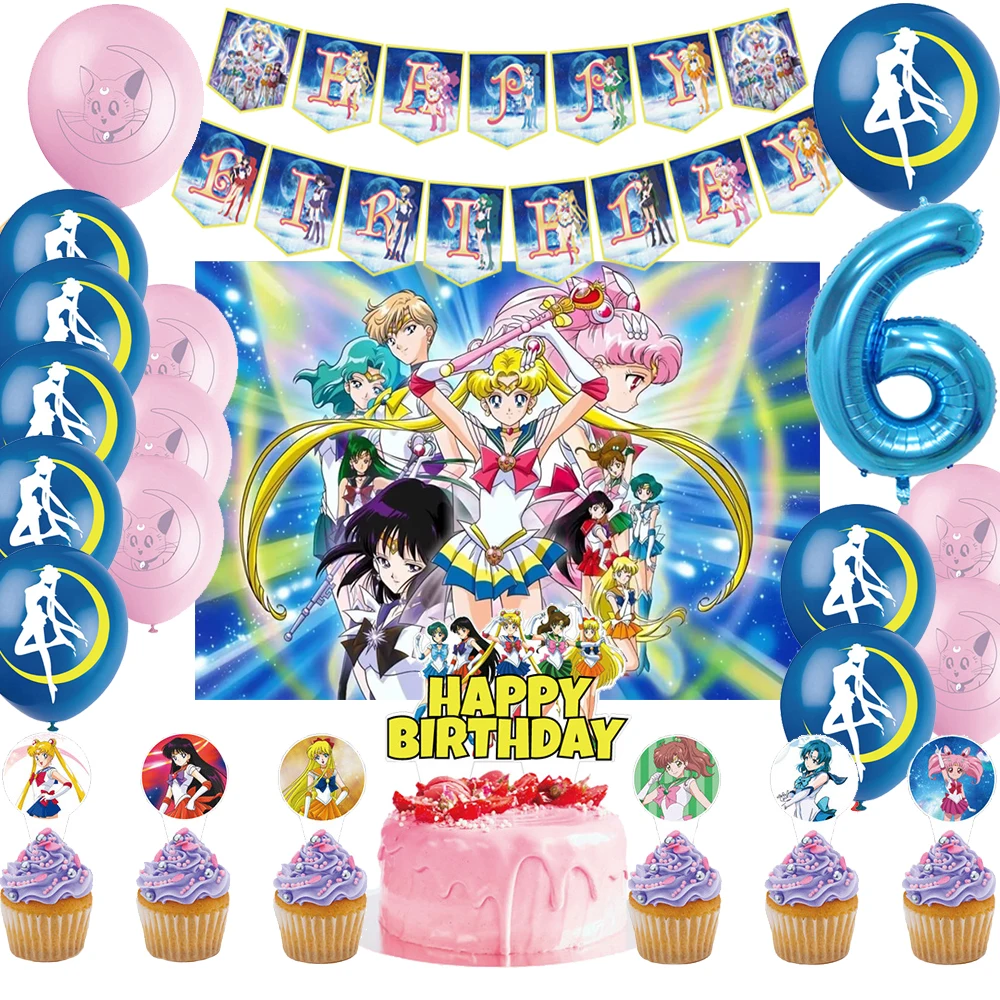 Anime Sailor Moon Girl's Birthday Party Backdrops Banner Cake Topper Hanging Flag Sailor Moon Balloons Kids Baby Shower Gifts