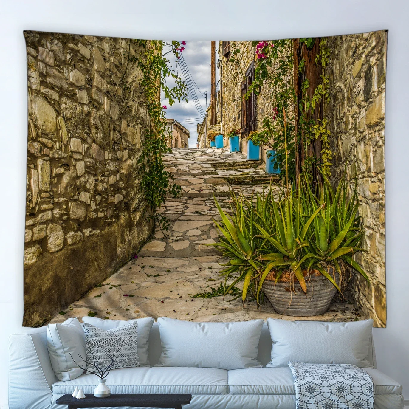 European Street View Big Tapestry Retro Flower Window Spring Flower Plants Old Wooden Door Home Decoration Wall Hanging Blanket