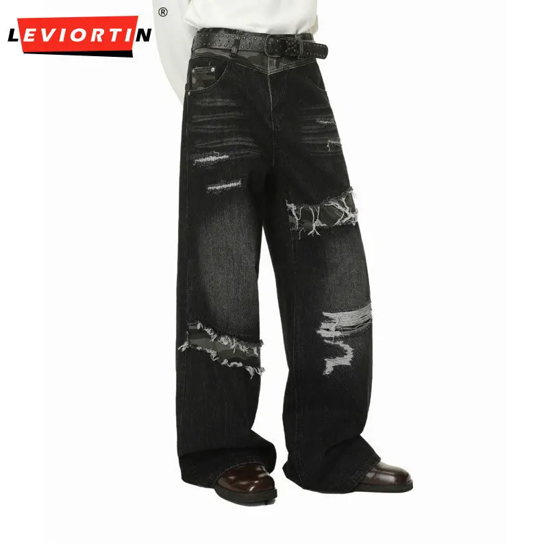 Spring /autumn men's fashion trend niche street splicing mid waist personality worn out vintage heavy industry fashionable jeans