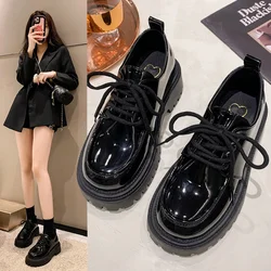 Solid Leather Oxford Shoes for Women Fashion Lace up Women Shoes Square Mid Heels Platform Shoes Zapatos De Mujer