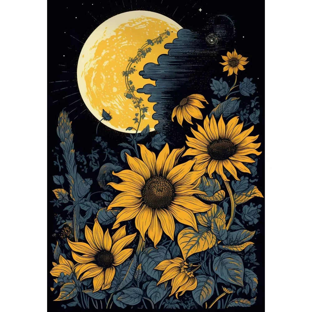 Vintage Moon Night Floral Paper Jigsaw Puzzle Sunflower Daisy Wildflower Mountain Landscape Art Puzzle for Adult Home Decor Gift