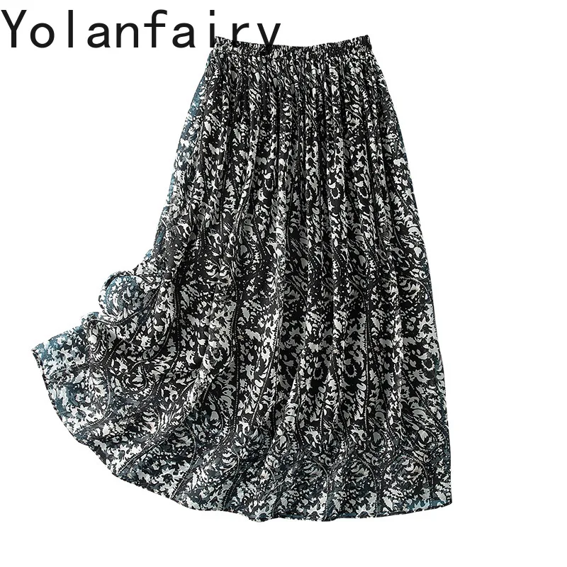 YOLANFAIRY Elegant 100% Real Mulberry Silk Skirts for Women Summer High Waist Elegant Skirt Korean Style Skirts Long Streetwear