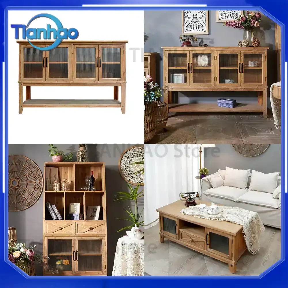 Retro Elm Pattern Dining Side Cabinet with Glass Four Doors for Wall Mounting Solid Wood Entrance Living Room Home Homestay